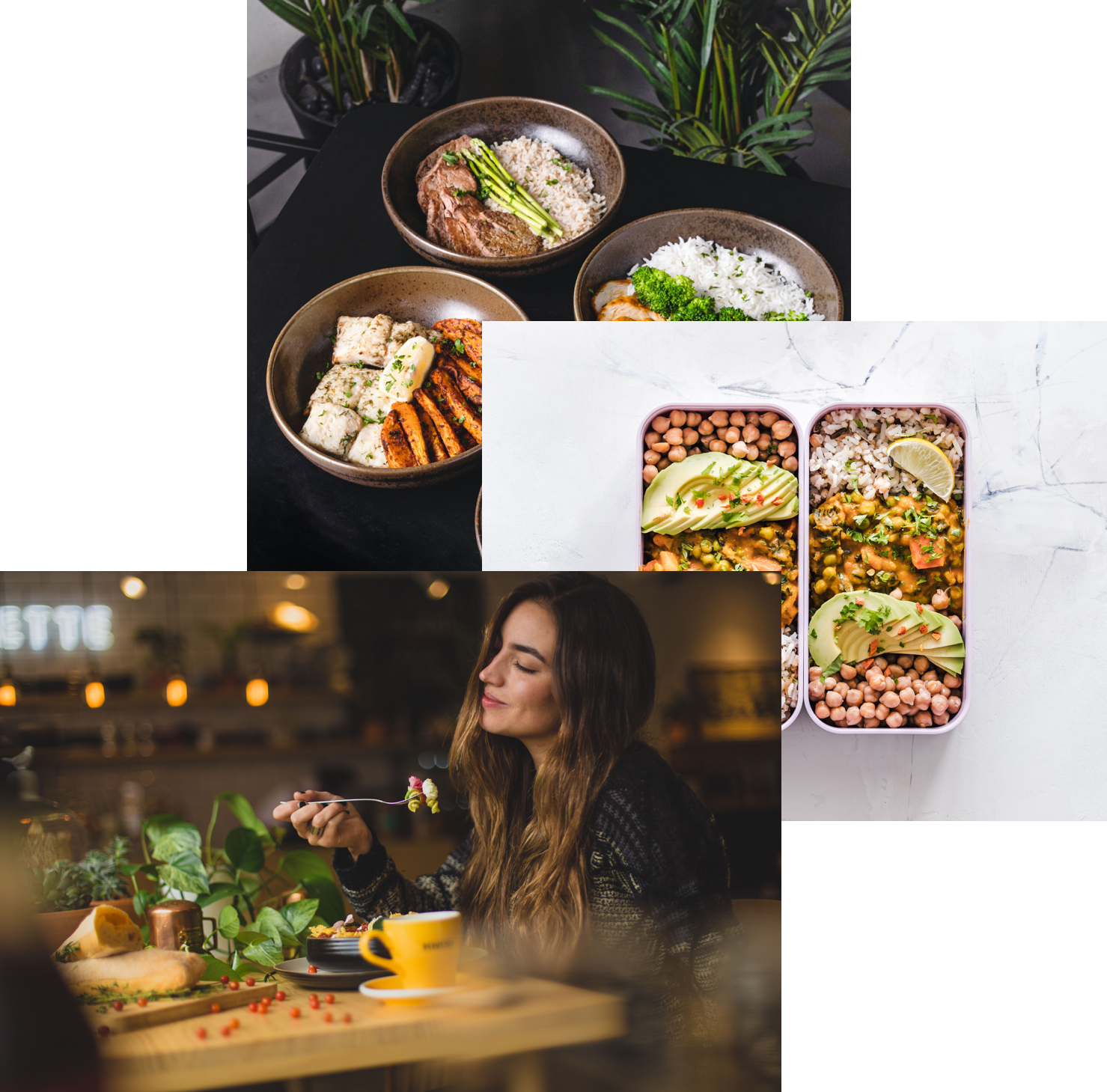 women enjoying food, meals in storage container , and food bowls on a table